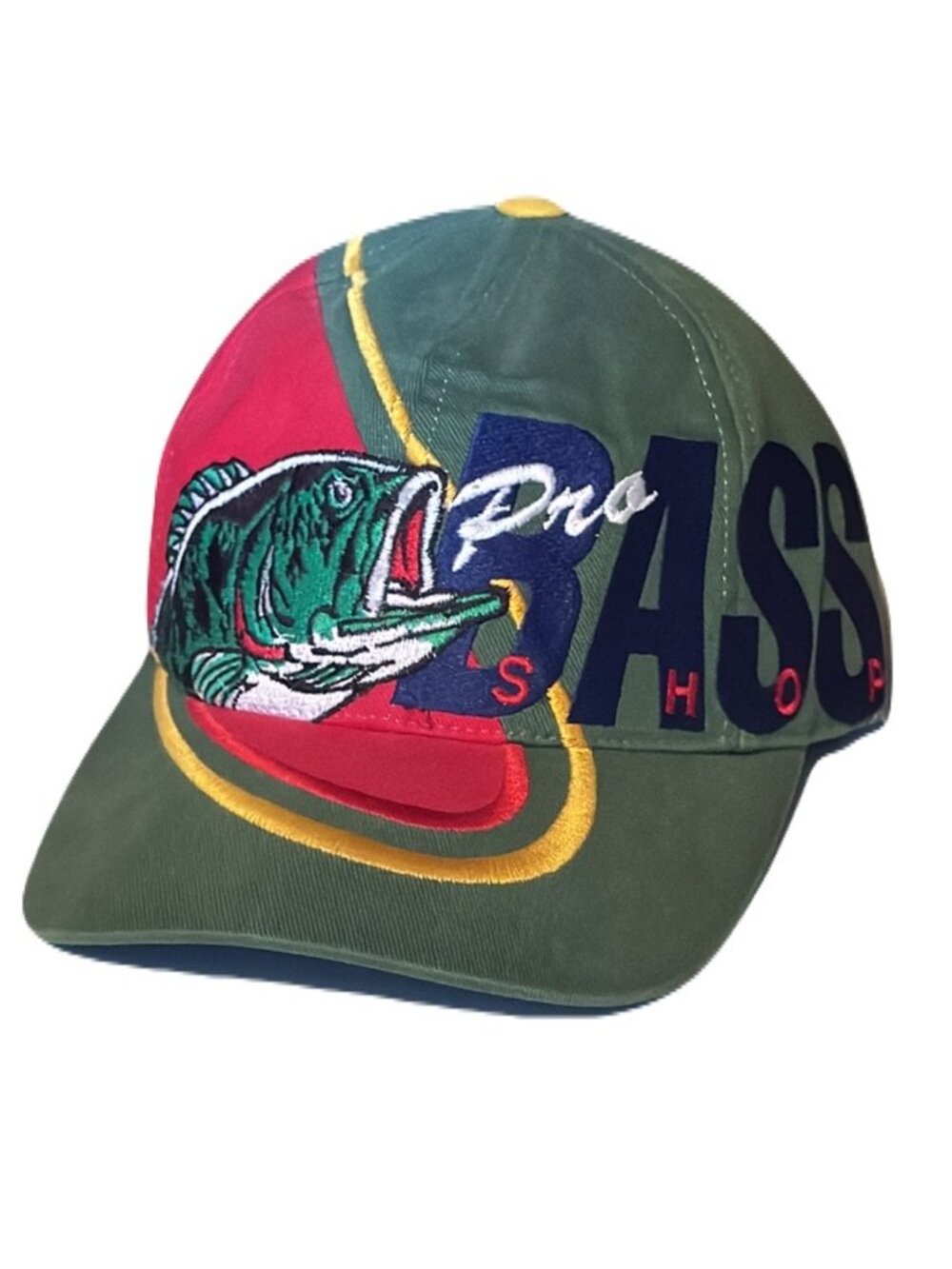 Vintage Bass Pro Shops Fishing Hat Print Embroidered One Size Green Red